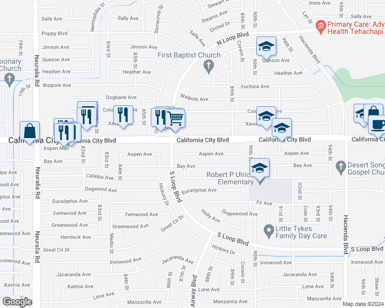 map of restaurants, bars, coffee shops, grocery stores, and more near 8736 Aspen Avenue in California City