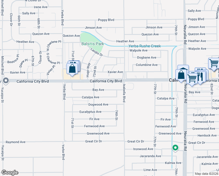 map of restaurants, bars, coffee shops, grocery stores, and more near 7343 Bay Avenue in California City