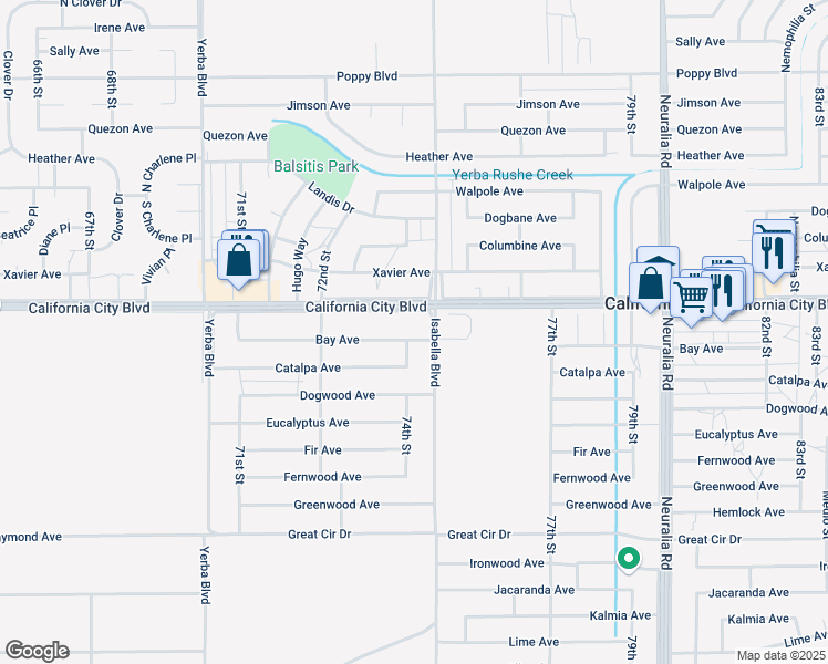 map of restaurants, bars, coffee shops, grocery stores, and more near 7431 Bay Avenue in California City