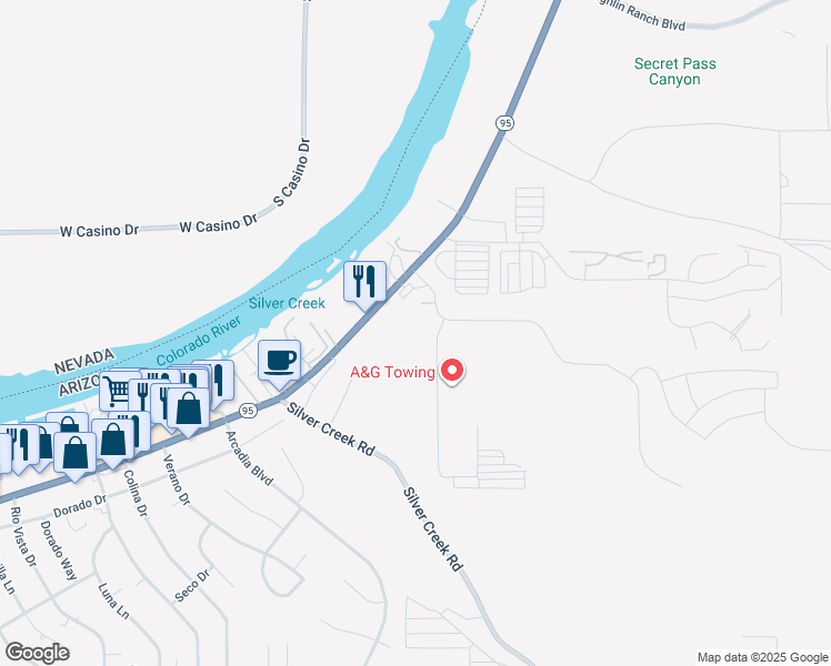 map of restaurants, bars, coffee shops, grocery stores, and more near 1632 Highway 95 in Bullhead City