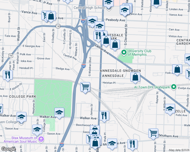 map of restaurants, bars, coffee shops, grocery stores, and more near 1183 Sledge Avenue in Memphis