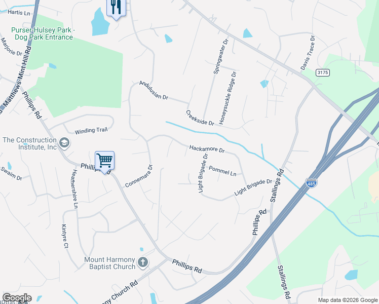map of restaurants, bars, coffee shops, grocery stores, and more near 14125 Hackamore Drive in Matthews