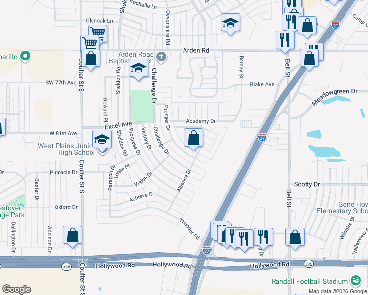 map of restaurants, bars, coffee shops, grocery stores, and more near 8203 Prosper Drive in Amarillo
