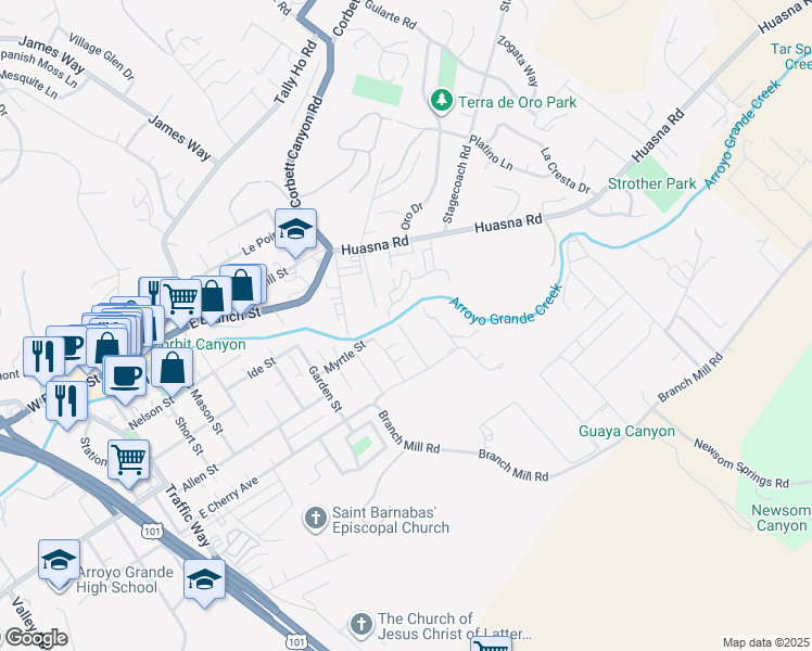map of restaurants, bars, coffee shops, grocery stores, and more near 447 Lierly Lane in Arroyo Grande