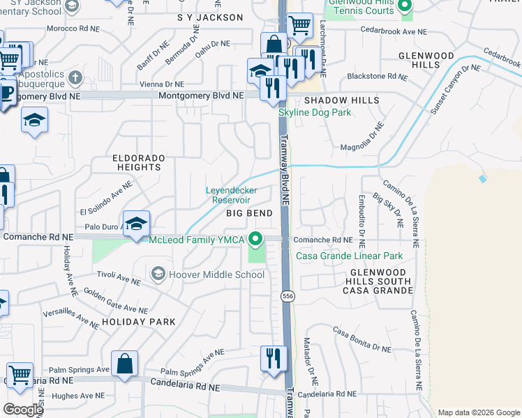 map of restaurants, bars, coffee shops, grocery stores, and more near 3804 Mount Rainier Drive Northeast in Albuquerque