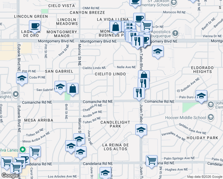 map of restaurants, bars, coffee shops, grocery stores, and more near 3800 Camino Sacramento Northeast in Albuquerque