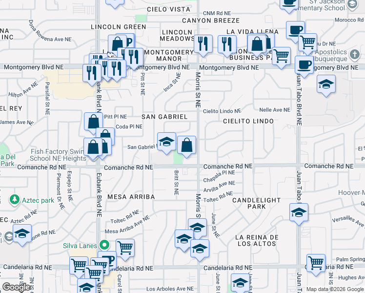 map of restaurants, bars, coffee shops, grocery stores, and more near 10305 San Gabriel Road Northeast in Albuquerque