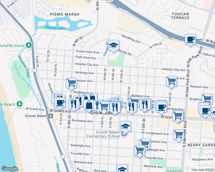map of restaurants, bars, coffee shops, grocery stores, and more near 805 Newport Avenue in Grover Beach