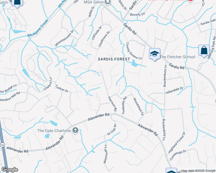 map of restaurants, bars, coffee shops, grocery stores, and more near 7429 Willow Creek Drive in Charlotte