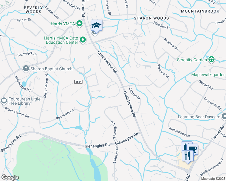 map of restaurants, bars, coffee shops, grocery stores, and more near 6528 Quail Hollow Road in Charlotte