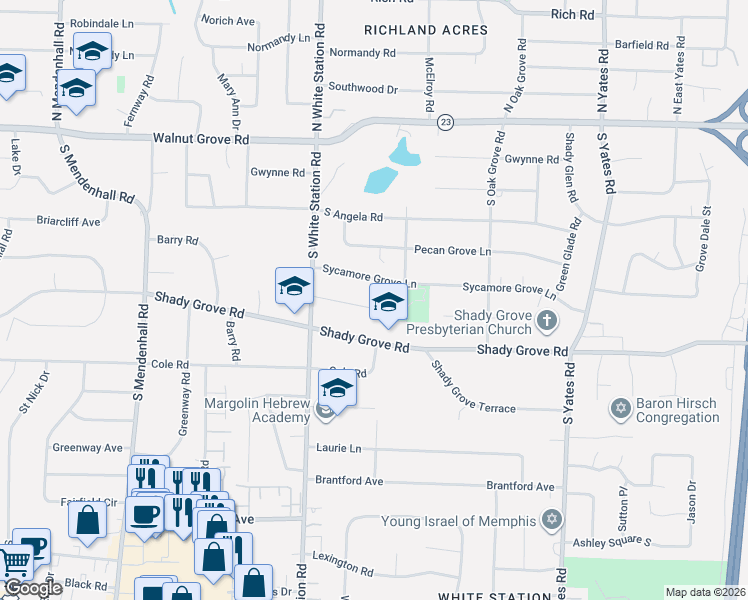 map of restaurants, bars, coffee shops, grocery stores, and more near 5309 Sycamore Grove Lane in Memphis