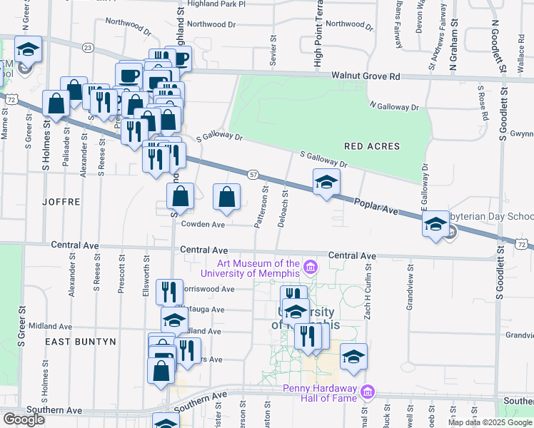 map of restaurants, bars, coffee shops, grocery stores, and more near 227 Patterson Street in Memphis