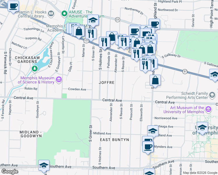 map of restaurants, bars, coffee shops, grocery stores, and more near 227 Palisade Street in Memphis