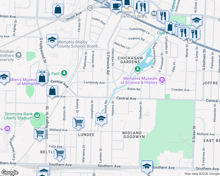 map of restaurants, bars, coffee shops, grocery stores, and more near 241 Lombardy Road in Memphis