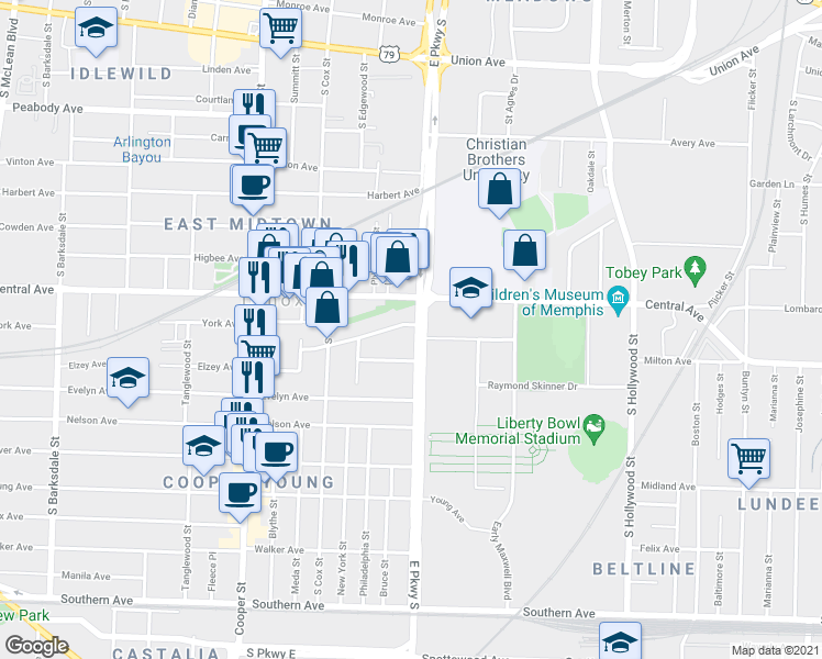map of restaurants, bars, coffee shops, grocery stores, and more near 733 East Parkway South in Memphis