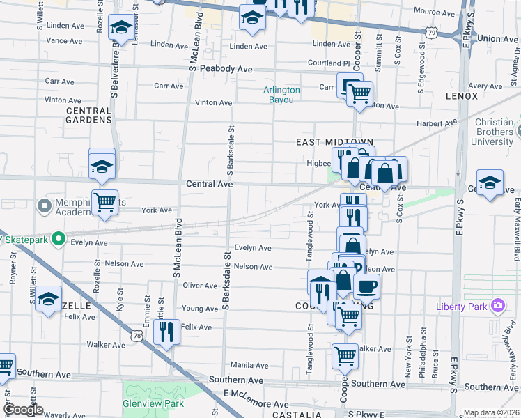 map of restaurants, bars, coffee shops, grocery stores, and more near 746 Metcalf Place in Memphis