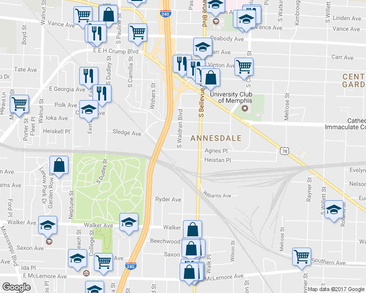 map of restaurants, bars, coffee shops, grocery stores, and more near 1183 Sledge Avenue in Memphis
