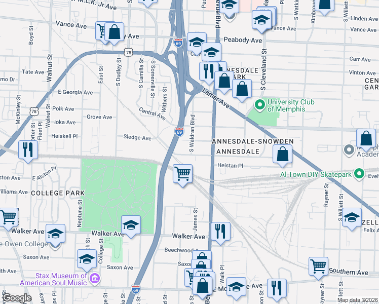 map of restaurants, bars, coffee shops, grocery stores, and more near 1183 Sledge Avenue in Memphis