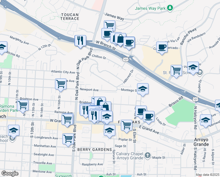 map of restaurants, bars, coffee shops, grocery stores, and more near 1401 Hillcrest Drive in Arroyo Grande