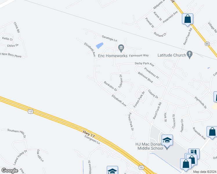 map of restaurants, bars, coffee shops, grocery stores, and more near 120 Buckskin Drive in New Bern