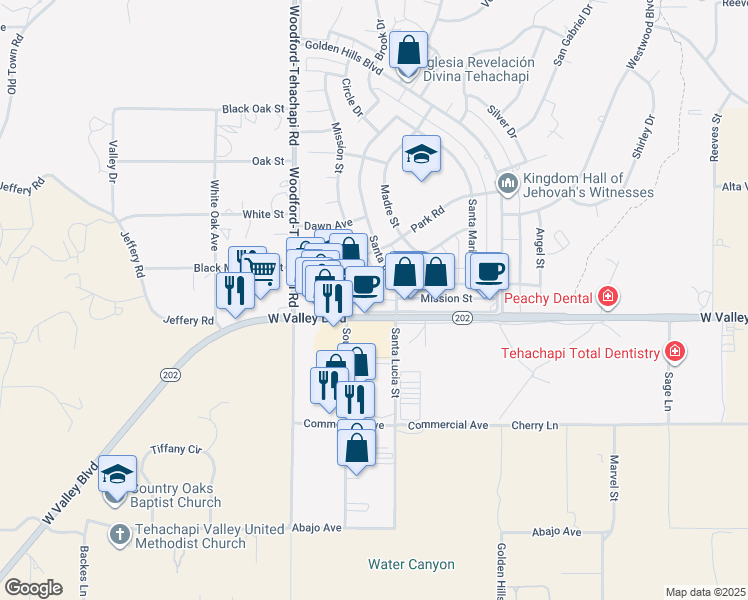 map of restaurants, bars, coffee shops, grocery stores, and more near 21010 Mission Street in Tehachapi