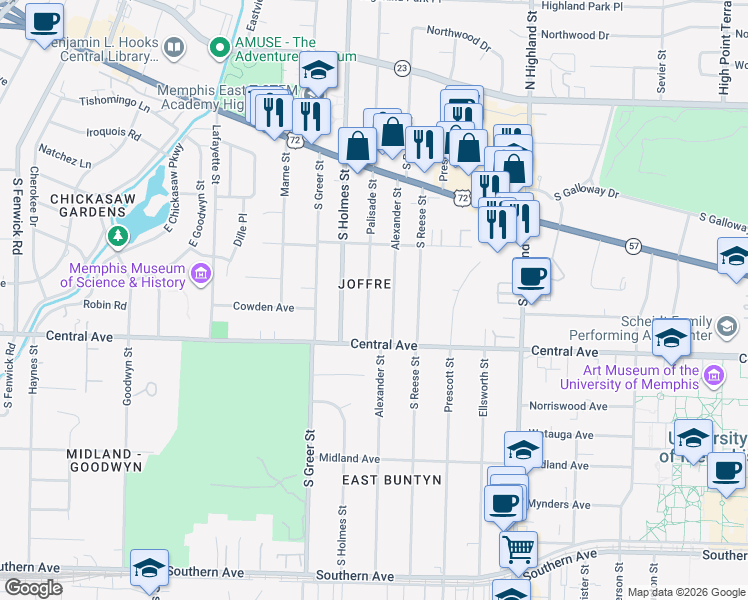 map of restaurants, bars, coffee shops, grocery stores, and more near 227 Palisade Street in Memphis