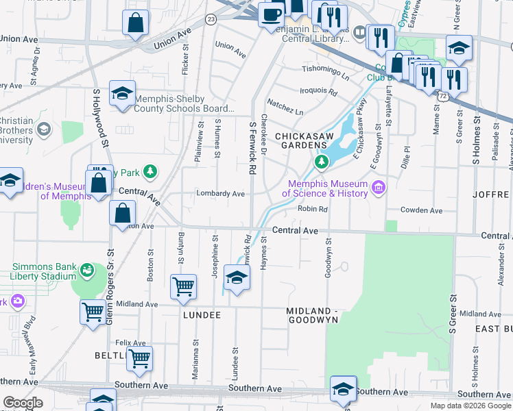 map of restaurants, bars, coffee shops, grocery stores, and more near 241 Lombardy Road in Memphis