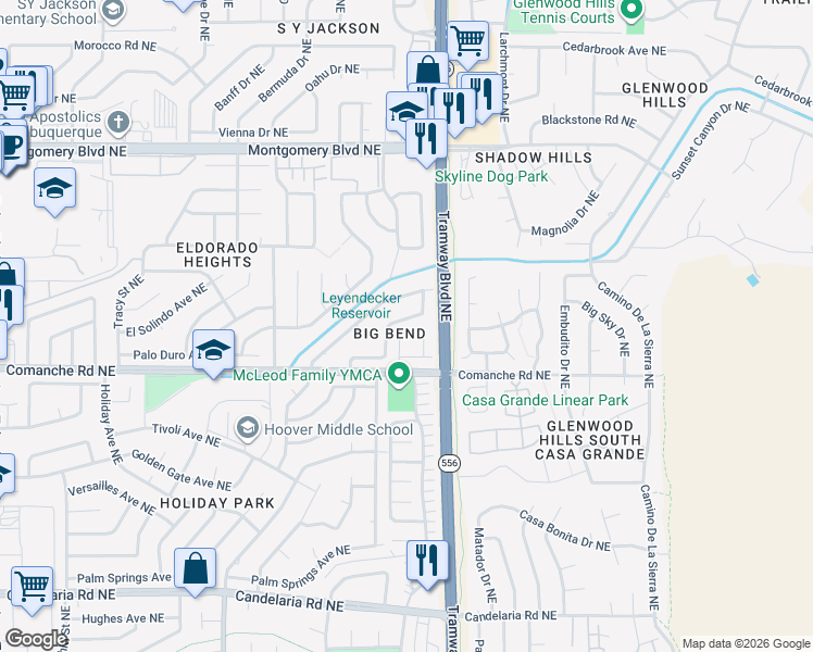 map of restaurants, bars, coffee shops, grocery stores, and more near 3804 Mount Rainier Drive Northeast in Albuquerque