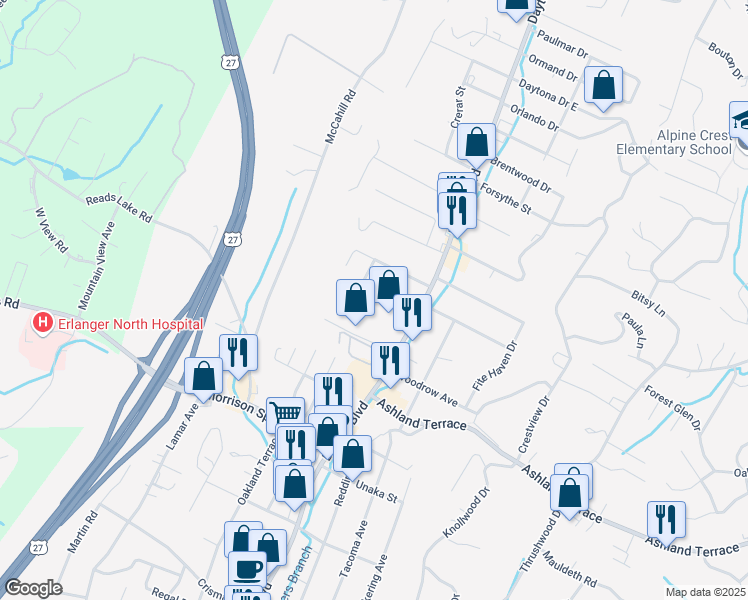map of restaurants, bars, coffee shops, grocery stores, and more near 18 East Meadowbrook Drive in Chattanooga
