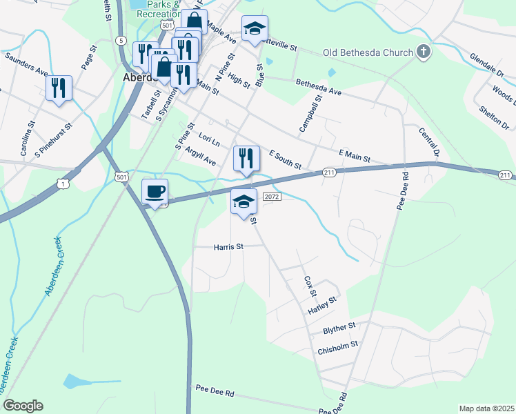 map of restaurants, bars, coffee shops, grocery stores, and more near Keyser Street in Moore County