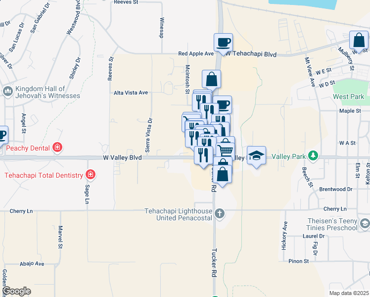 map of restaurants, bars, coffee shops, grocery stores, and more near 1215 Valley Boulevard in Tehachapi