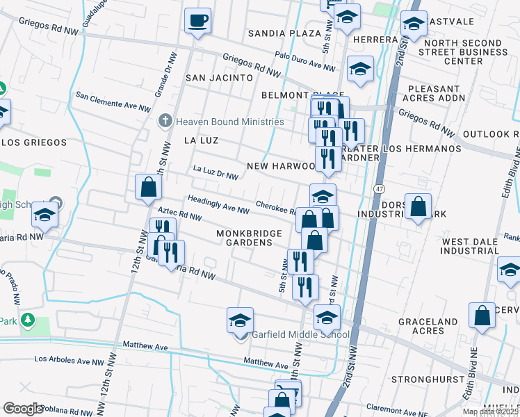 map of restaurants, bars, coffee shops, grocery stores, and more near 4113 Los Tomases Drive Northwest in Albuquerque