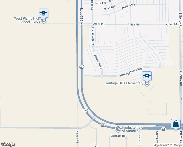 map of restaurants, bars, coffee shops, grocery stores, and more near Helium Road in Amarillo