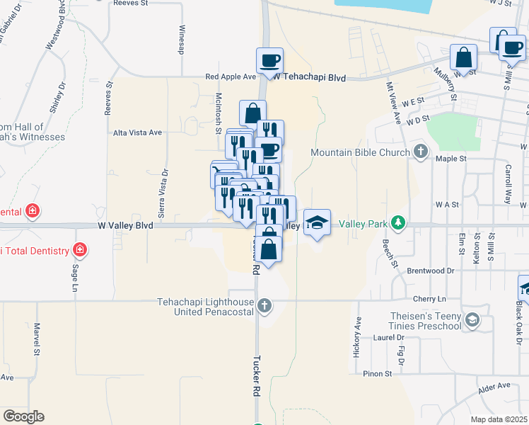 map of restaurants, bars, coffee shops, grocery stores, and more near 770 Tucker Road in Tehachapi