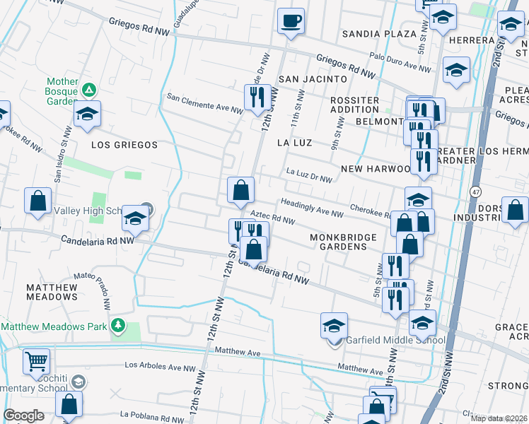 map of restaurants, bars, coffee shops, grocery stores, and more near 1125 Headingly Avenue Northwest in Albuquerque