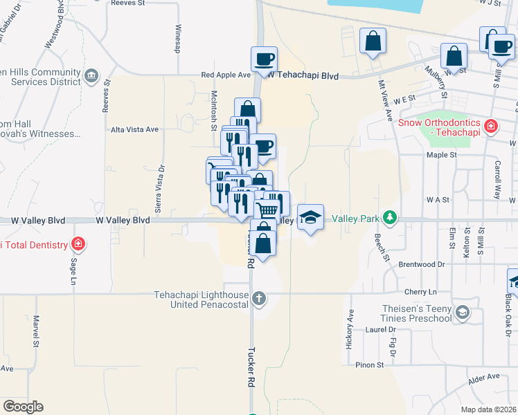 map of restaurants, bars, coffee shops, grocery stores, and more near 760 Tucker Road in Tehachapi