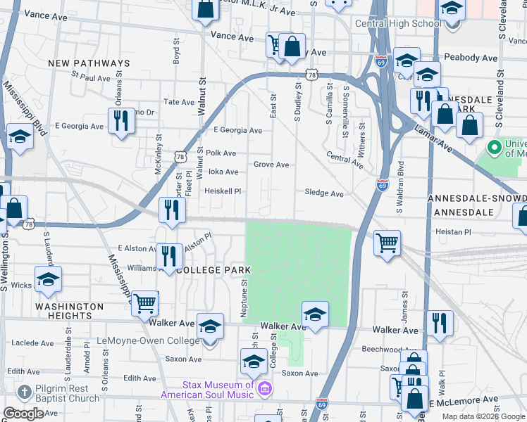 map of restaurants, bars, coffee shops, grocery stores, and more near 801 East St in Memphis
