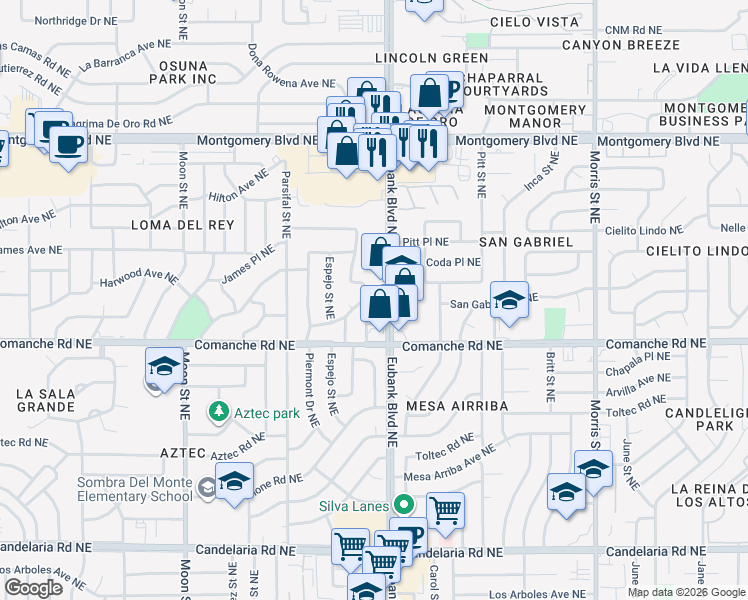 map of restaurants, bars, coffee shops, grocery stores, and more near 9608 Westerfeld Drive Northeast in Albuquerque