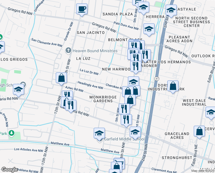 map of restaurants, bars, coffee shops, grocery stores, and more near 4113 Los Tomases Drive Northwest in Albuquerque