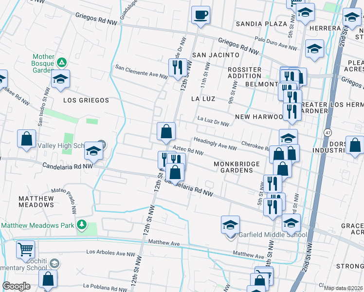 map of restaurants, bars, coffee shops, grocery stores, and more near 1125 Headingly Avenue Northwest in Albuquerque