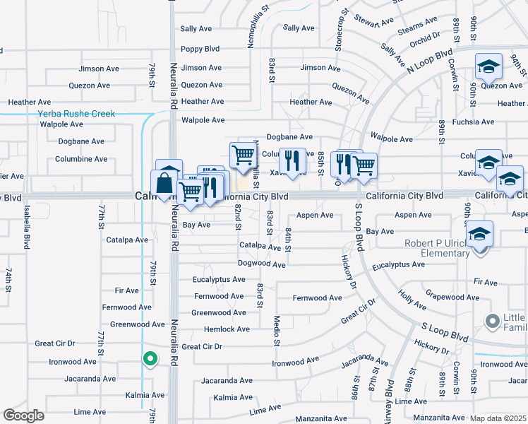 map of restaurants, bars, coffee shops, grocery stores, and more near 20966 83rd Street in California City