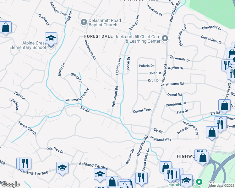 map of restaurants, bars, coffee shops, grocery stores, and more near 415 Bardwood Lane in Chattanooga