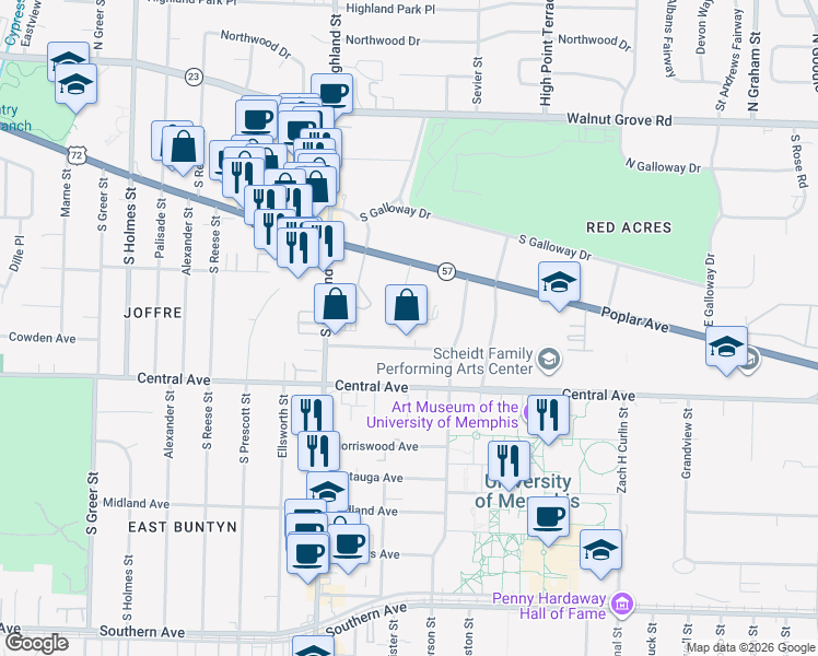 map of restaurants, bars, coffee shops, grocery stores, and more near 276 Ridgefield Road in Memphis