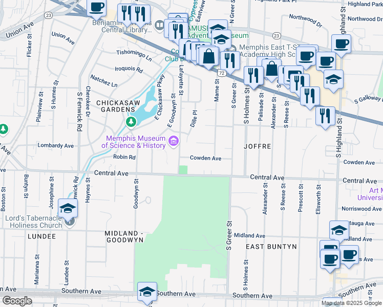 map of restaurants, bars, coffee shops, grocery stores, and more near 226 Dille Place in Memphis