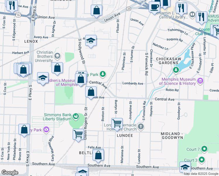map of restaurants, bars, coffee shops, grocery stores, and more near 2650 Lombardy Avenue in Memphis