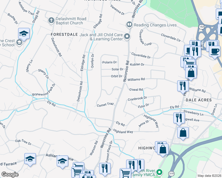 map of restaurants, bars, coffee shops, grocery stores, and more near 1317 Northgate Circle in Chattanooga