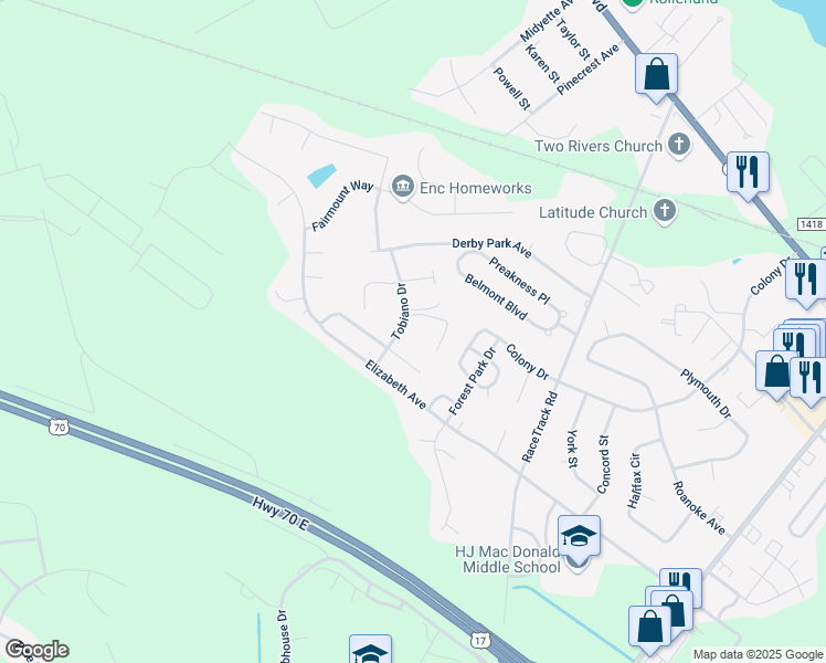 map of restaurants, bars, coffee shops, grocery stores, and more near 209 Tobiano Drive in New Bern
