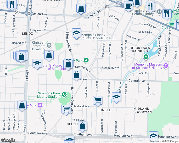 map of restaurants, bars, coffee shops, grocery stores, and more near 2664 Central Avenue in Memphis