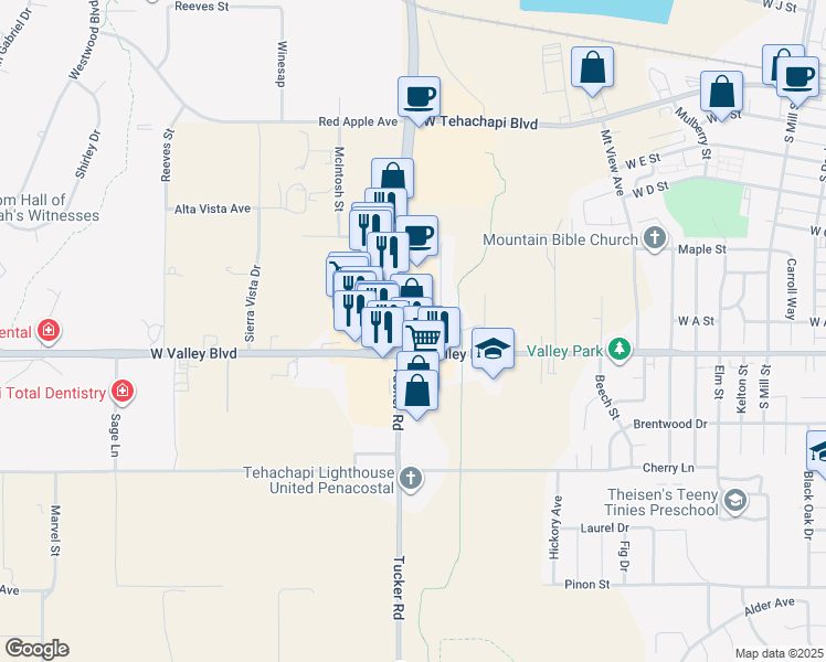map of restaurants, bars, coffee shops, grocery stores, and more near 770 Tucker Road in Tehachapi
