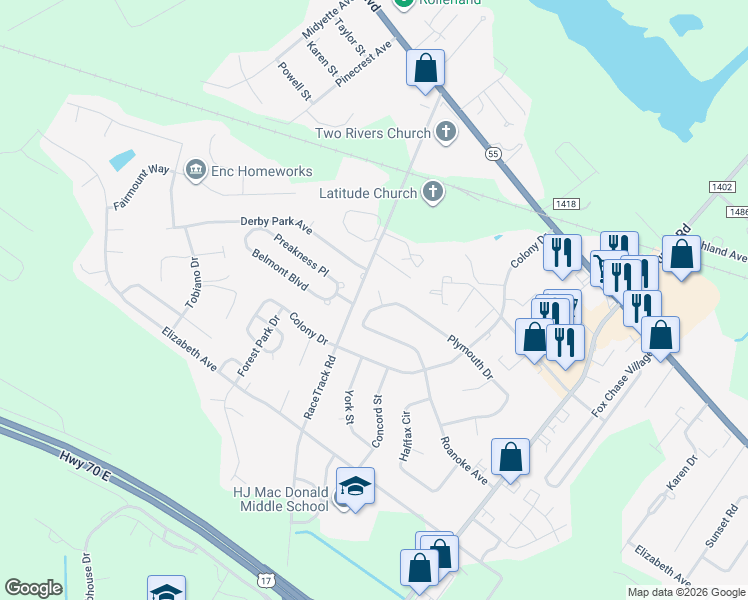 map of restaurants, bars, coffee shops, grocery stores, and more near 3005 Onslow Court in New Bern